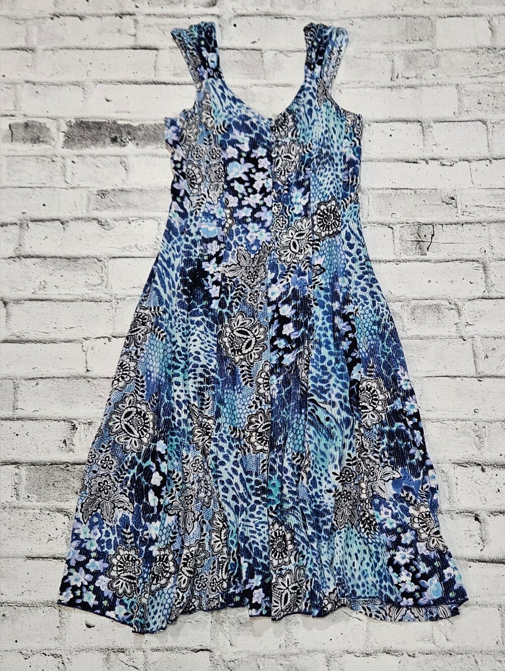 Papa Vancouver Blue Floral Sleeveless Midi Dress Womens Medium Boho